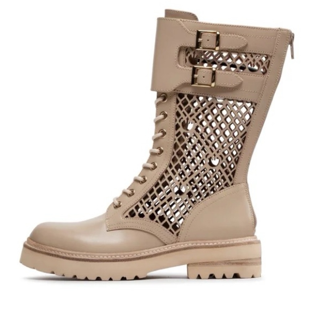 Pinko Beige Leather Combat Boots • Lug Sole • Lace-Up w/ Zipper - Picture 3 of 11